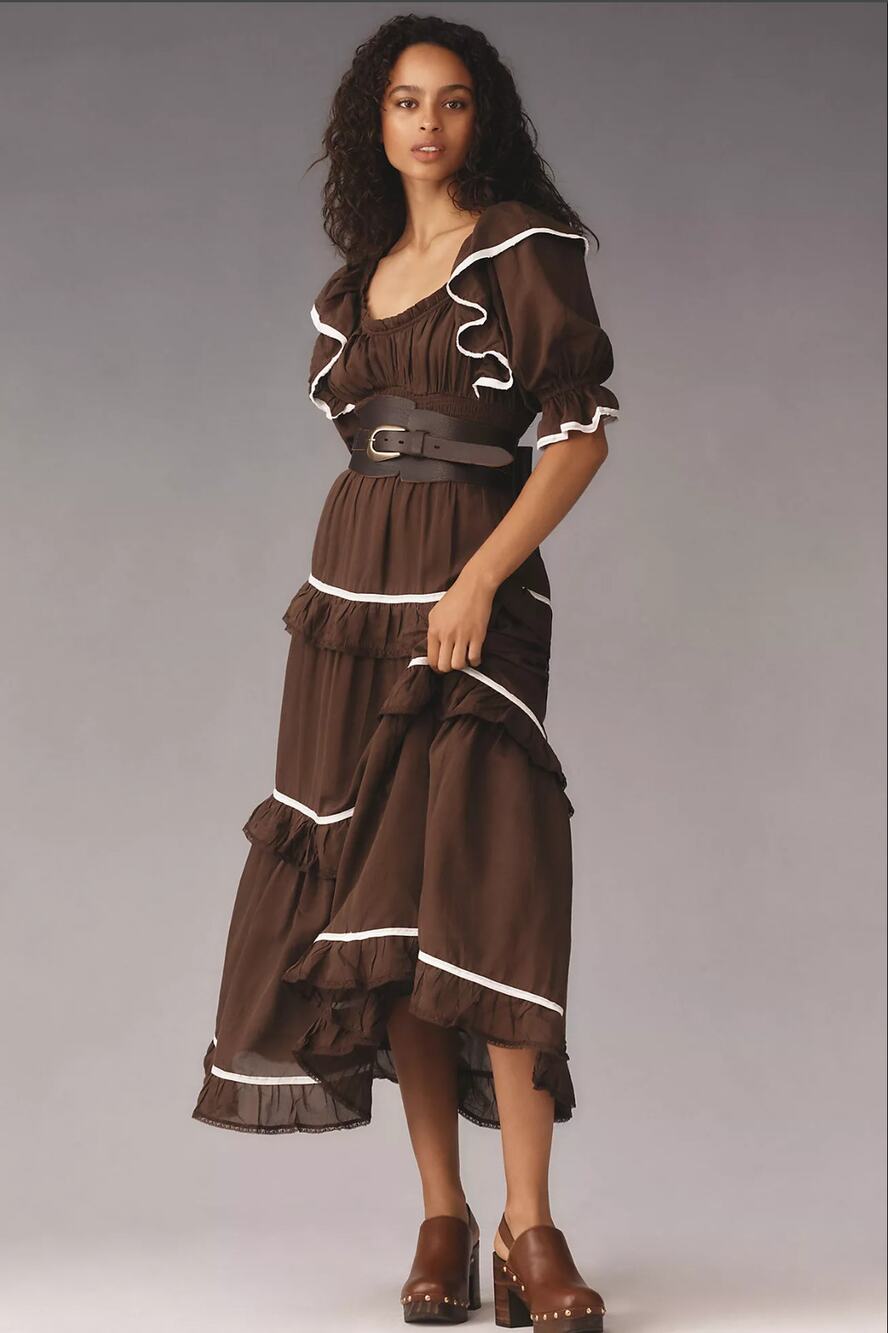 NWT Anthropologie Puff-Sleeve Brown Tiered Maxi Dress - Small